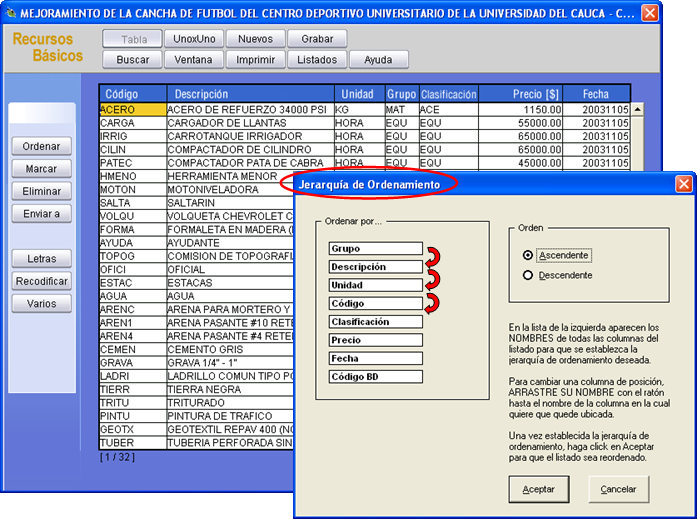 Ordene su base de datos de insumos y/o items fácilmente de manera jerárquica para una mejor visualización